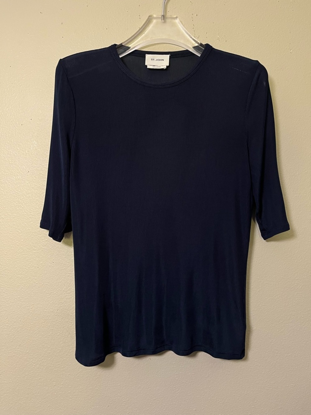 St. John Ribbed Sheer Stretch Blue Pullover Half Sleeve Tshirt M Quiet Luxury